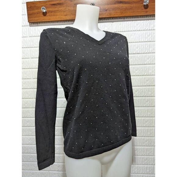 DKNY Jeans Women's Black V-Neck Cotton with Rhinestones Long-Sleeve Sweater Size - Picture 1 of 7